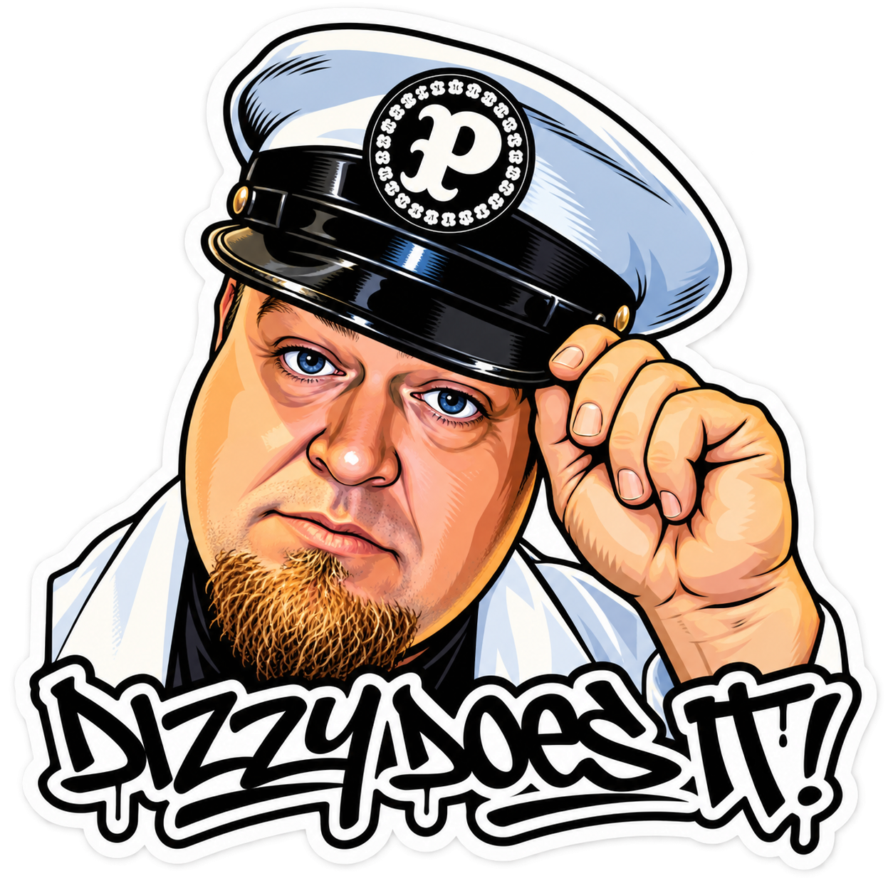 Cartoon image of a milkman tipping his hat with graffiti style text saying. Dizzy Does It